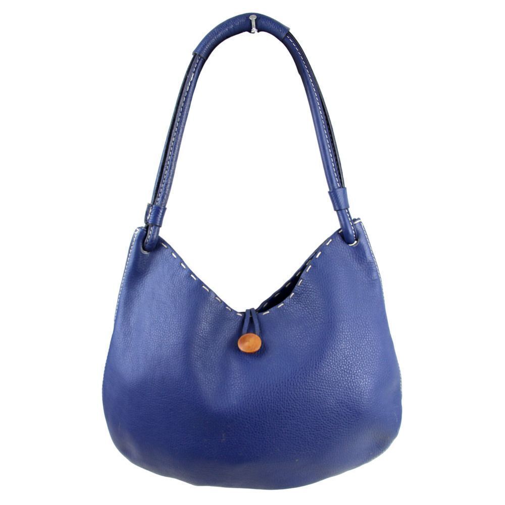 ROOMY TANNER ITALY BLUE GENUINE LEATHER BUTTON SHOULDER BAG HANDBAG PURSE